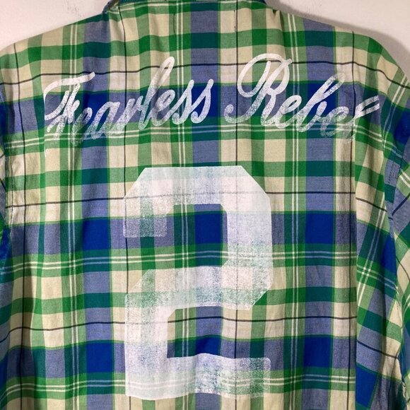 Mens Raw Blue Fearless Rebel Shirt Button Plaid Short Sleeve Embroidered 2XL - Picture 8 of 9